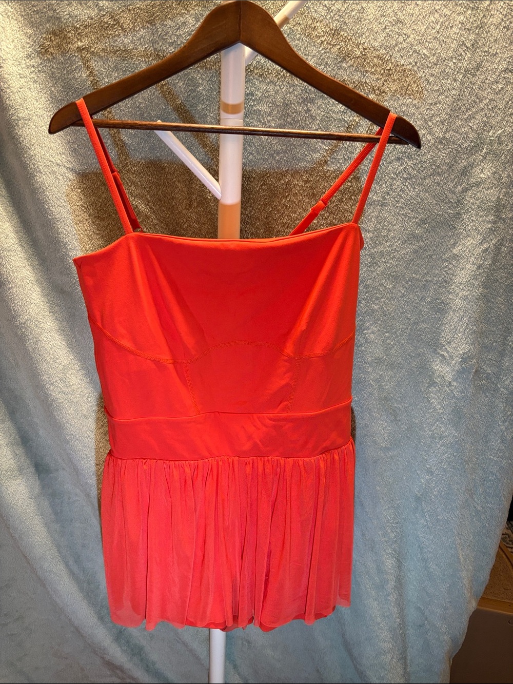 Blogilates Salmon Red Spaghetti-Strap Romper with Pleated Skirt